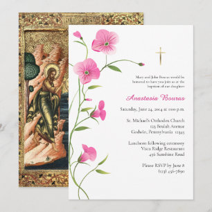 Graceful Pink Flowers Orthodox Christian Baptism Invitation