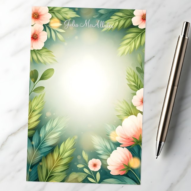 Graceful Pink Flowers with Leafy Elegance Stationery (Creator Uploaded)
