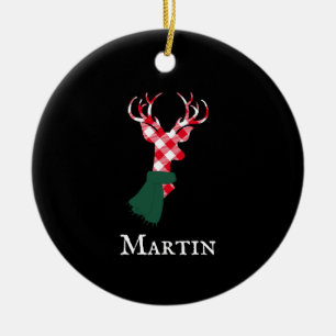 Graceful Reindeer Red Plaid Personalised Name Ceramic Tree Decoration