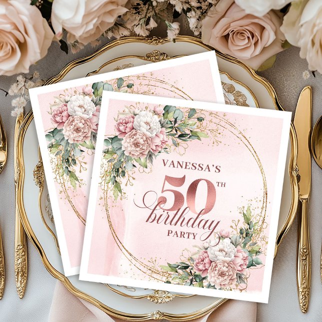 Graceful Rose Gold Blush Flowers 50th Birthday  Napkin (Graceful Rose Gold Blush Flowers 50th Birthday Dinner Napkins

)