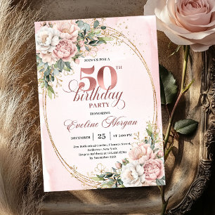 Graceful Rose Gold Floral 50th Birthday Invite