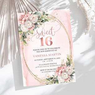 Graceful Rose Gold Floral Greenery Sweet Sixteen  Invitation