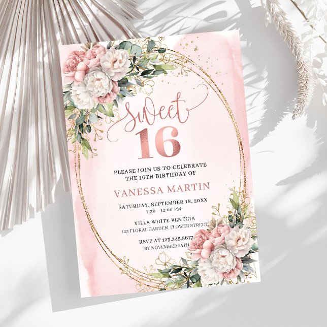 Graceful Rose Gold Floral Greenery Sweet Sixteen  Invitation (Graceful Rose Gold Floral Greenery Sweet Sixteen Invitation

)