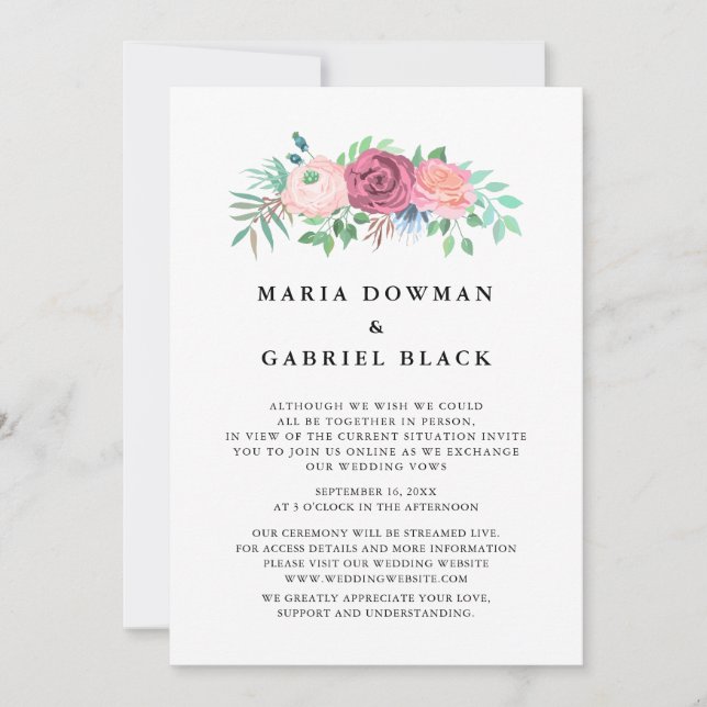 Graceful roses Typography Virtual Wedding Ceremony Invitation (Front)