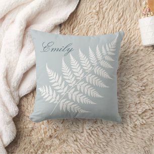 Graceful Script Name Icy Blue White Fern Cushion