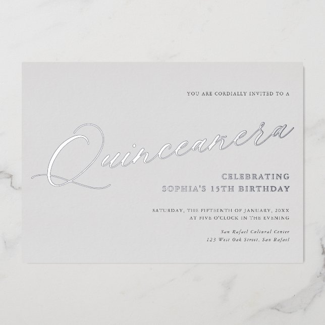 Graceful Script Quinceañera Birthday Party Silver (Front)