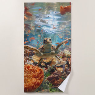 Graceful Sea Turtle Underwater Colorful Coral  Beach Towel