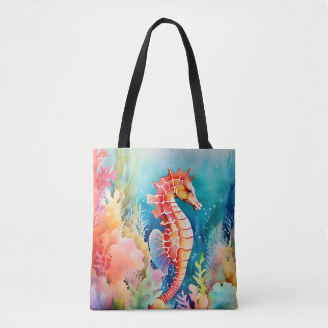 Graceful Seahorse in Vibrant Watercolor Layers Tote Bag (Front)