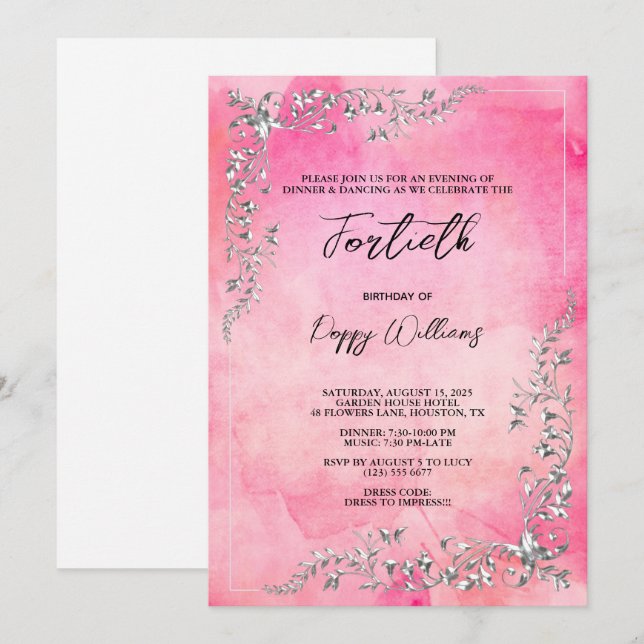 Graceful Silver Decoration Watercolour Birthday Invitation (Front/Back)
