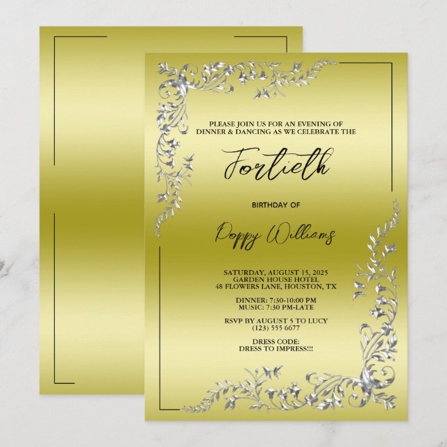 Graceful Stylish Silver Decoration Birthday Party Invitation (Front/Back)