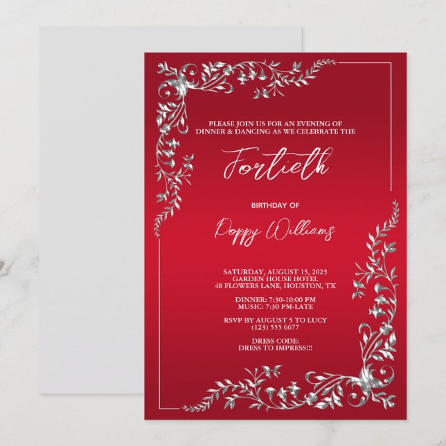Graceful Stylish Silver Decoration Birthday Party Invitation (Front/Back)