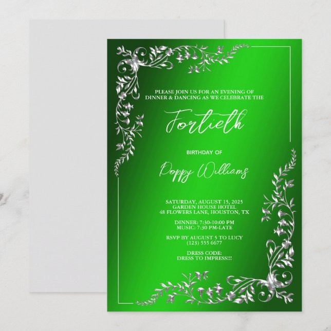 Graceful Stylish Silver Decoration Birthday Party Invitation (Front/Back)
