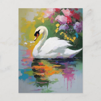 Graceful Swan Amidst Vibrant Blossoms Postcard
