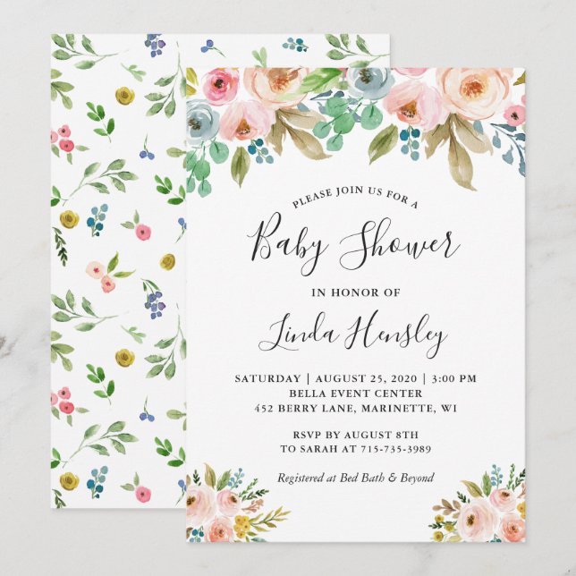 Graceful Watercolor Floral Girl Baby Shower Invitation (Front/Back)