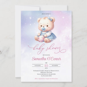 Graceful watercolor pastel pink purple baby bear invitation