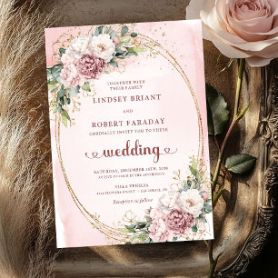 Graceful Watercolor Rose Gold Blush Flowers Weddin Invitation