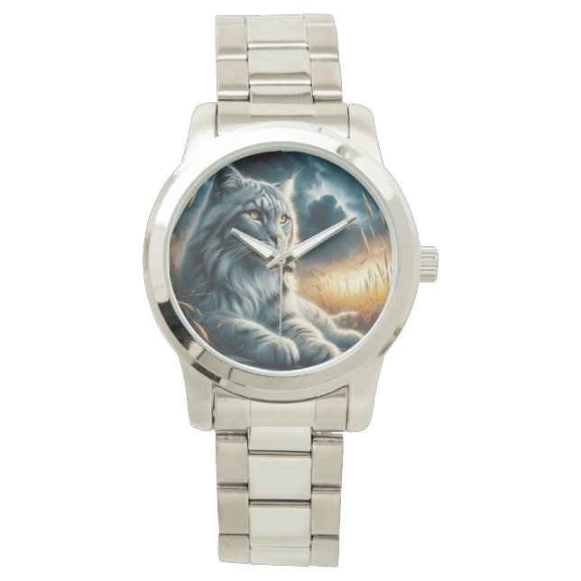 Graceful Whiskers: Silver Cat Bracelet Watch (Front)
