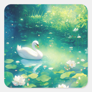 Graceful White Swan in Magical Lily Pond Square Sticker