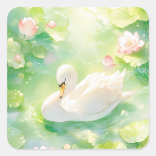 Graceful White Swan in Magical Lily Pond Square Sticker