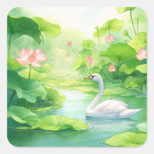 Graceful White Swan in Sunny Lily Pond Square Sticker