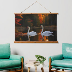 Graceful White Swans Gliding Across Autumn Pond Hanging Tapestry