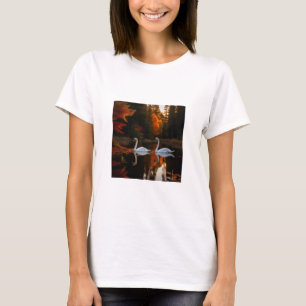 Graceful White Swans Gliding Across Autumn Pond T-Shirt