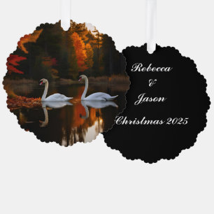 Graceful White Swans Gliding Across Autumn Pond Tree Decoration Card