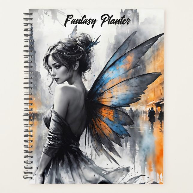 Graceful winged brunette minimalism urban dusk planner (Front)