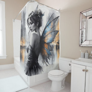 Graceful winged brunette minimalism urban dusk shower curtain