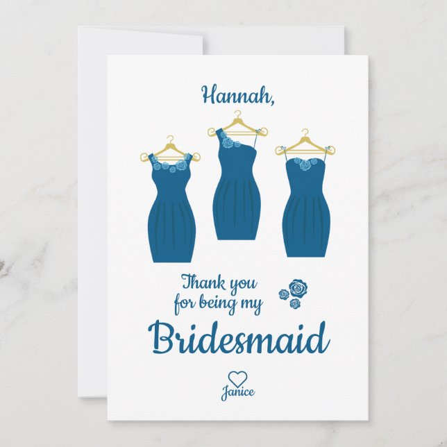 Gracias a dama de honor con vestidos de tonos azul thank you card (Front)