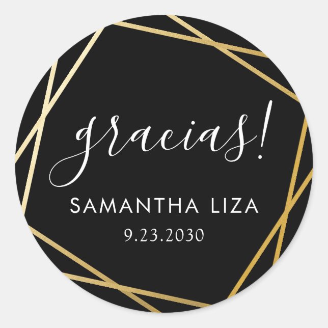 Gracias Black Gold Geometric Modern Favour Classic Round Sticker (Front)