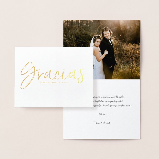 Gracias Chic Script Wedding Thank You Photo Foil Card (Display)