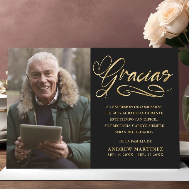 Gracias Elegant Gold & Black Photo Spanish Funeral Thank You Card (Creator Uploaded)
