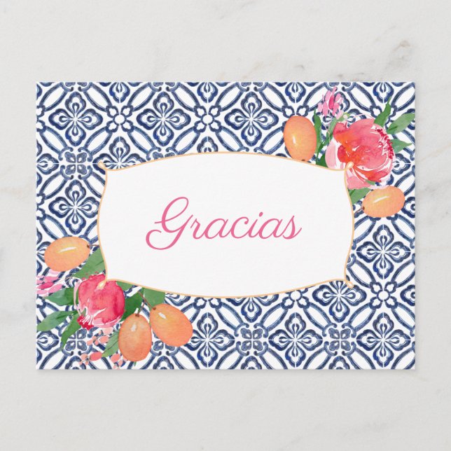 Gracias Hot Pink Citrus Spanish Tiles Thank You Postcard (Front)
