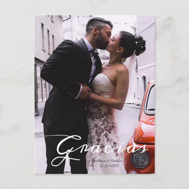 Gracias Modern Spanish Script Photo Names & date Announcement Postcard ...