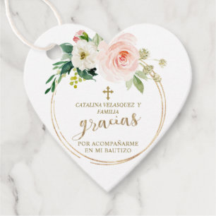 Gracias Pink Blush Floral Bloom Gold Cross Bautizo Favour Tags