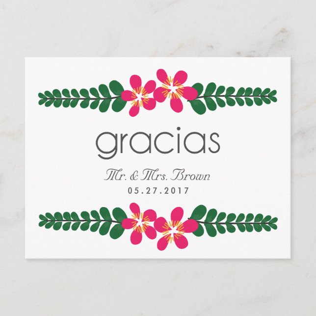 Gracias Pink Floral Wedding Thank You Postcard (Front)