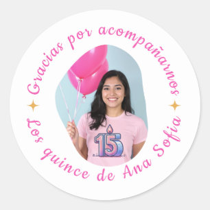 Gracias por acompañarnos quinceañera con foto classic round sticker