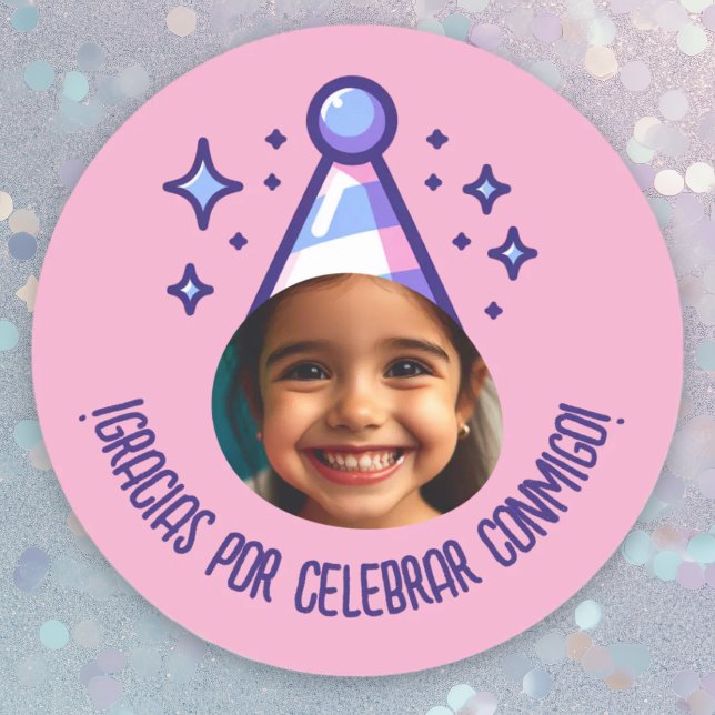 Gracias por Celebrar Conmigo Fiesta con Foto Classic Round Sticker (Gracias por Celebrar Conmigo Fiesta con Foto Classic Round Sticker.)