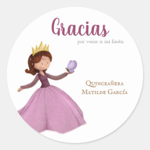 Gracias Quinceanera Girl with Crown and Butterfly Classic Round Sticker