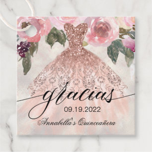 Gracias Rose Gold Glitter Floral Quinceañera  Favour Tags