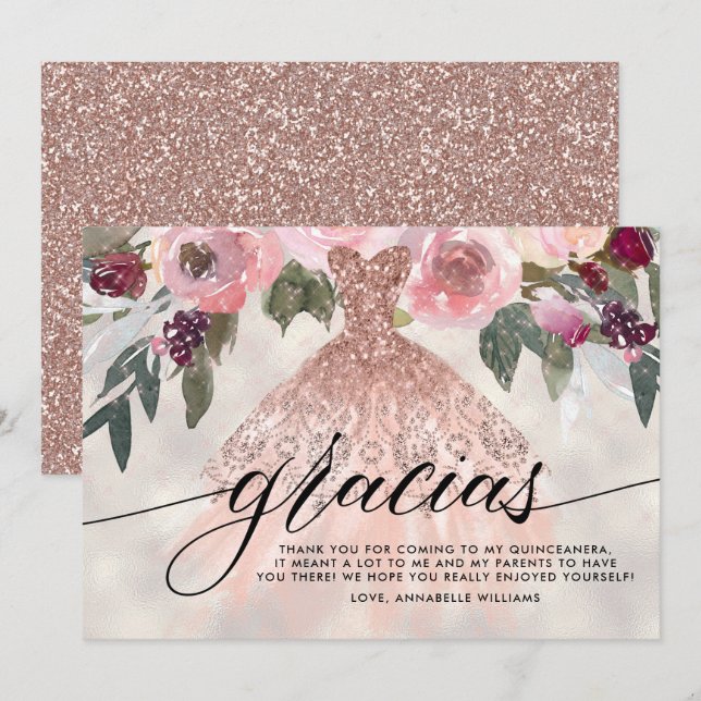 Gracias Rose Gold Glitter Floral Quinceañera  Thank You Card (Front/Back)