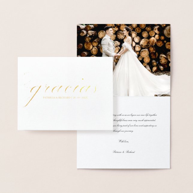 Gracias Simple Elegant Wedding Thank You Photo Foil Card (Display)