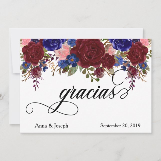 Gracias Wedding Floral Spanish Navy Burgundy Thank You Card (Front)