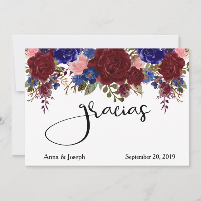 Gracias Wedding Floral Spanish Navy Burgundy Thank You Card (Front)