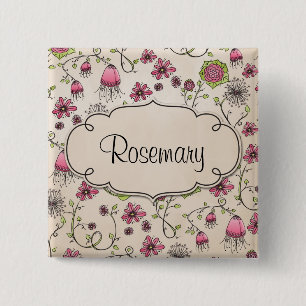 Gracious pink flowers with frame for name 15 cm square badge