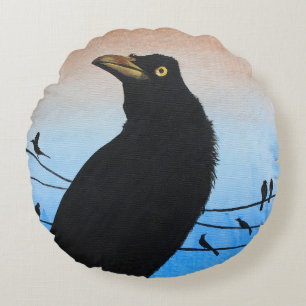 Grackle Austin Texas Bird Avian Wildlife Painting Round Cushion