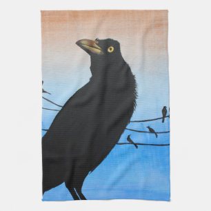 Grackle Austin Texas Bird Nature Wildlife Painting Tea Towel