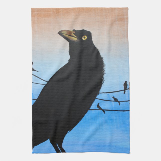 Grackle Austin Texas Bird Nature Wildlife Painting Tea Towel (Vertical)