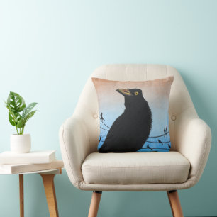 Grackle Austin Texas Black Bird Wildlife Painting Cushion